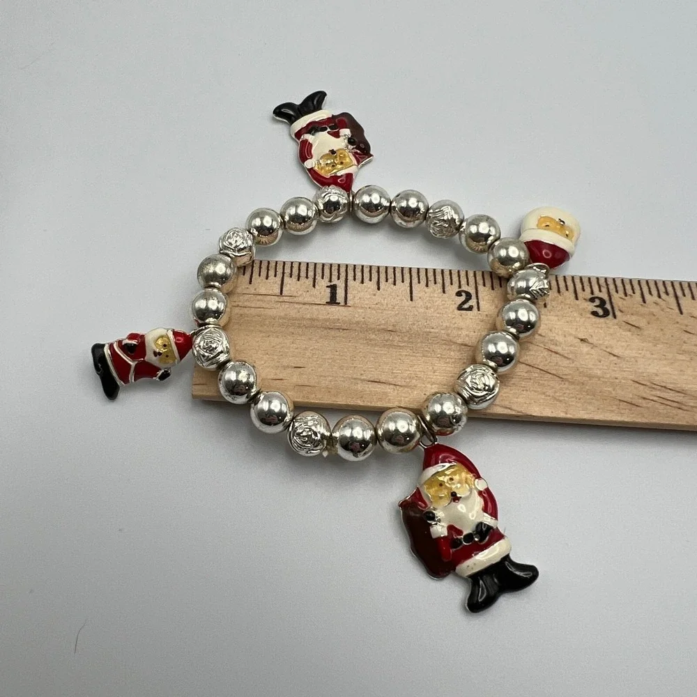 Christmas‎ Stretch Bracelet Silver Tone Beads Enamel Santa Charms
